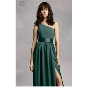 New White by Vera Wang forest green one shoulder chiffon gown brides maid